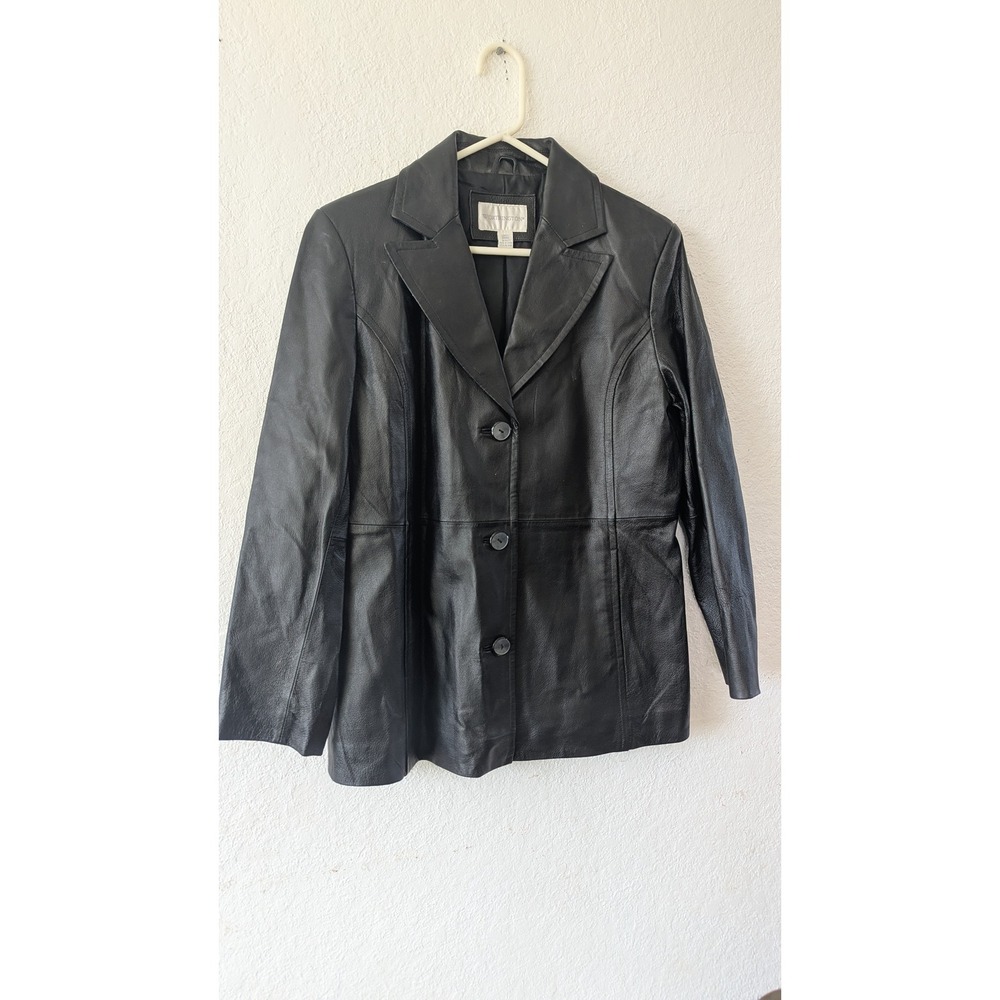 Worthington Womens Black Genuine Leather Blazer Jacket 3-Button Large L 90s Y2K